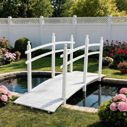 Outvita 7.5 ft Garden Wooden Bridge Arch Stained Finish with Safety Rails Outdoor Footbridge for Backyard Creek Farm, Decorative Pond Bridge - size: 7.5ft-White