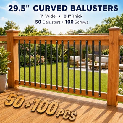 50 Pack 29.5 in Fluted Aluminum Deck Balusters Black | Rust-Resistant Powder Coating, Pre-Drilled Holes, Side-Mount Fastening, for Porch, Staircase, Balcony & Patio Railing - size: 29.5 inch (Thickness: 0.1 inch)