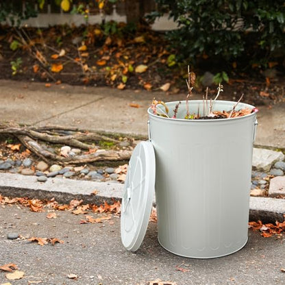 Plexon 20 Gallon Metal Trash Can with Lid Outdoor Large Trash Bin Steel Garbage Can for Garage Patio Farmhouse Bucket Bird Seed Storage Can Heavy Duty Round Container, Off-White - color: Off-White