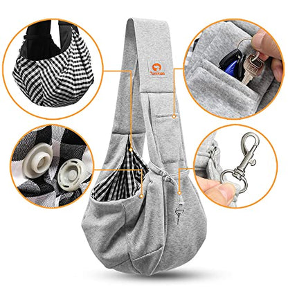 Tomkas Small Dog Cat Sling Carrier Puppy Purse Travel Wrap Soft Crossbody Pet Bag (Gray, M - Classic Pocket & Classic Strap) - color: Gray