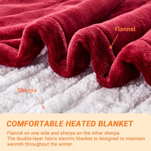 Heated Blanket Electric Throw, 50"x60" Soft Flannel Heating Blanket with 8 Hours Auto Off 10 Fast Heating Levels Machine Washable Sherpa Heated Throw Blanket with Overheating Protection - color: Red, size: Throw(50" x 60")