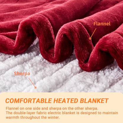 Heated Blanket Electric Throw, 50"x60" Soft Flannel Heating Blanket with 8 Hours Auto Off 10 Fast Heating Levels Machine Washable Sherpa Heated Throw Blanket with Overheating Protection - color: Red, size: Throw(50" x 60")