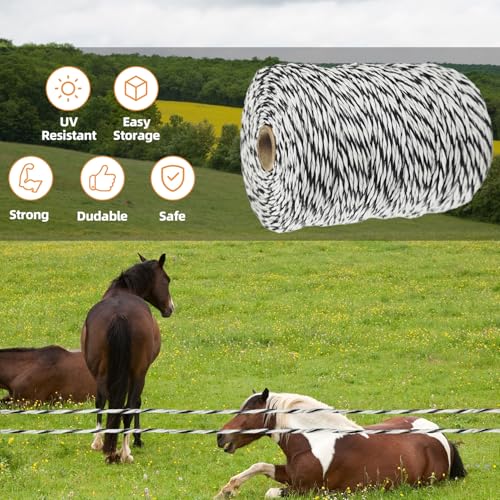 Electric Fence Polywire, 656ft (200m), 3 Aluminum Strands, UV-Resistant PVC, 0.1in (2.5mm) Diameter, 256 lbs Tensile Strength, for Livestock and Rotational Grazing, White and Black - size: 656 FT