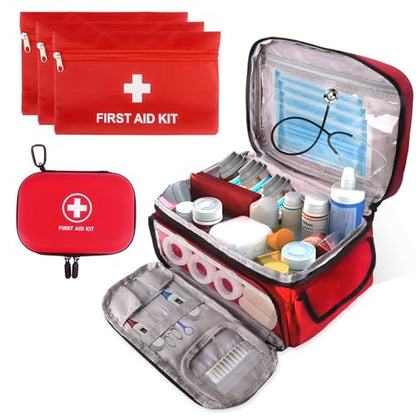 First Aid Bag Empty, 5-Set with Large Medical Organizer, 3 Portable Pouches & Hanging Bag for Home Car Travel Camping Office School Outdoor Adventure Medical Supplies,Pet First Aid Kits (Red)