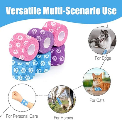 Vet Wrap Cohesive Bandages, Self-Adhesive Bandage Wrap, Breathable Non-Woven Self Adherent Tape for Pet Dog Leg Paw Wound, Horse, Cat, First Aid & Ankle Sprain, 2 Inch (6 Rolls) - color: 6 Rolls