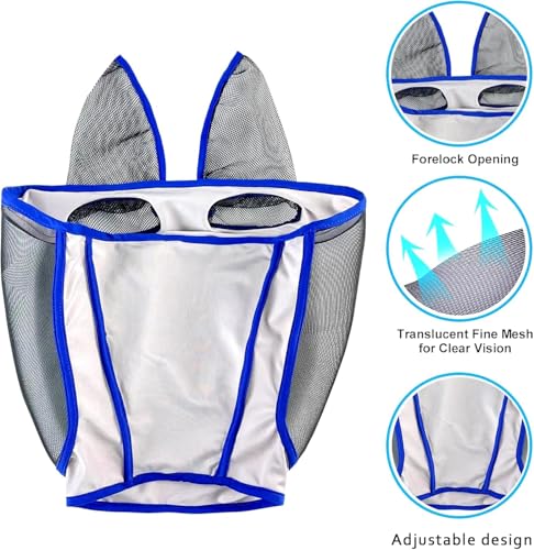 Horse Fly Mask with Ears – Breathable Mesh Fly Masks for Horses,Blue Trim, All-Day Protection(Blue，S)