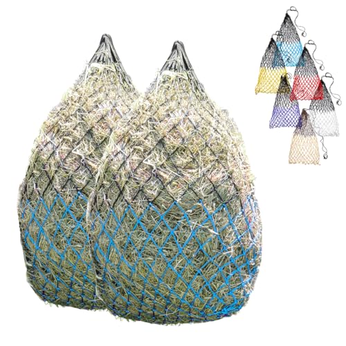 Set of 2 42" Soft Mesh Hay Nets with 2" Holes, Fits 4-6 Flakes of Hay (42", Hurricane Blue/Black) - color: Hurricane Blue/Black