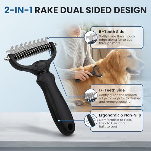 Double‑Sided Undercoat Rake, Deshedding Dematting Tools for Dogs and Cats - color: Black