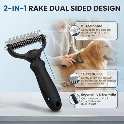 Double‑Sided Undercoat Rake, Deshedding Dematting Tools for Dogs and Cats - color: Black