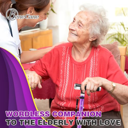BeneCane Walking Cane for Women Folding Cane for Men with Two Led Lights Quad Cane with Stable Base Lightweight and Adjustable Walking Stick - color: Carved Purple