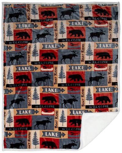 Carstens, Inc. Lake House Rustic Cabin Sherpa Fleece Large Throw Blanket, 54" x 68", Blue - color: Blue