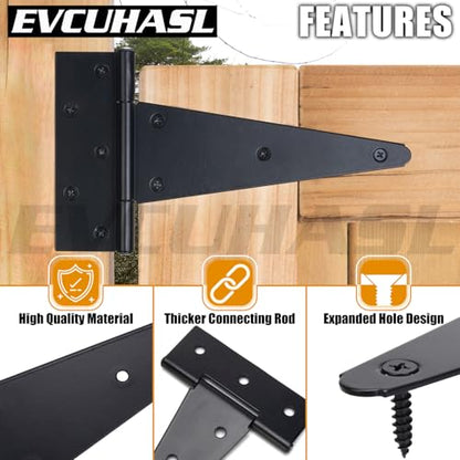 4 Inch T-Strap Gate Hinges, Shed Barn Door Hinges Heavy Duty, Black Tee Hinges for Wooden Fences, Yard Gate, Wrought Hardware Iron Rustproof (6 Pack/Set) - size: 4 Inch