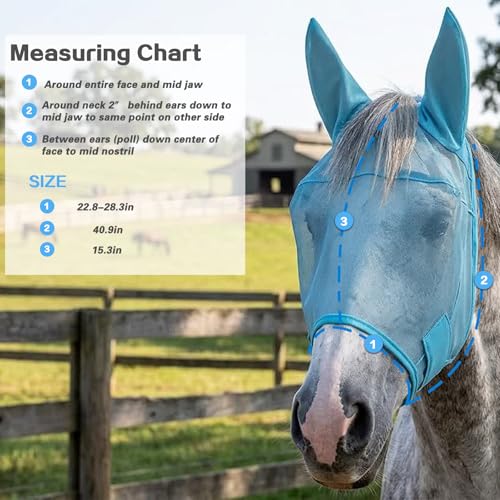 Horse Fly Mask with Ears, Adjustable and Breathable Fine Mesh for Eye Protection UV Protection from Insect Pests and UV Protection, Super Comfort All Round Fly Masks for Horses