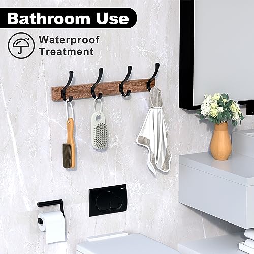 17 Inch Black Walnut Wood Wall Mounted Coat Rack with 4 Black Double Hooks, Adhesive Mounted Entryway Hooks, Modern Natural Wooden Pegs for Hanging Coat Clothes Hat Bag Purse Key and Towel - color: Coat Rack with 4 Double Hooks