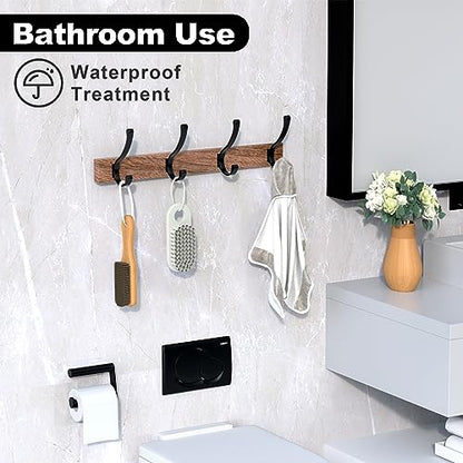 17 Inch Black Walnut Wood Wall Mounted Coat Rack with 4 Black Double Hooks, Adhesive Mounted Entryway Hooks, Modern Natural Wooden Pegs for Hanging Coat Clothes Hat Bag Purse Key and Towel - color: Coat Rack with 4 Double Hooks