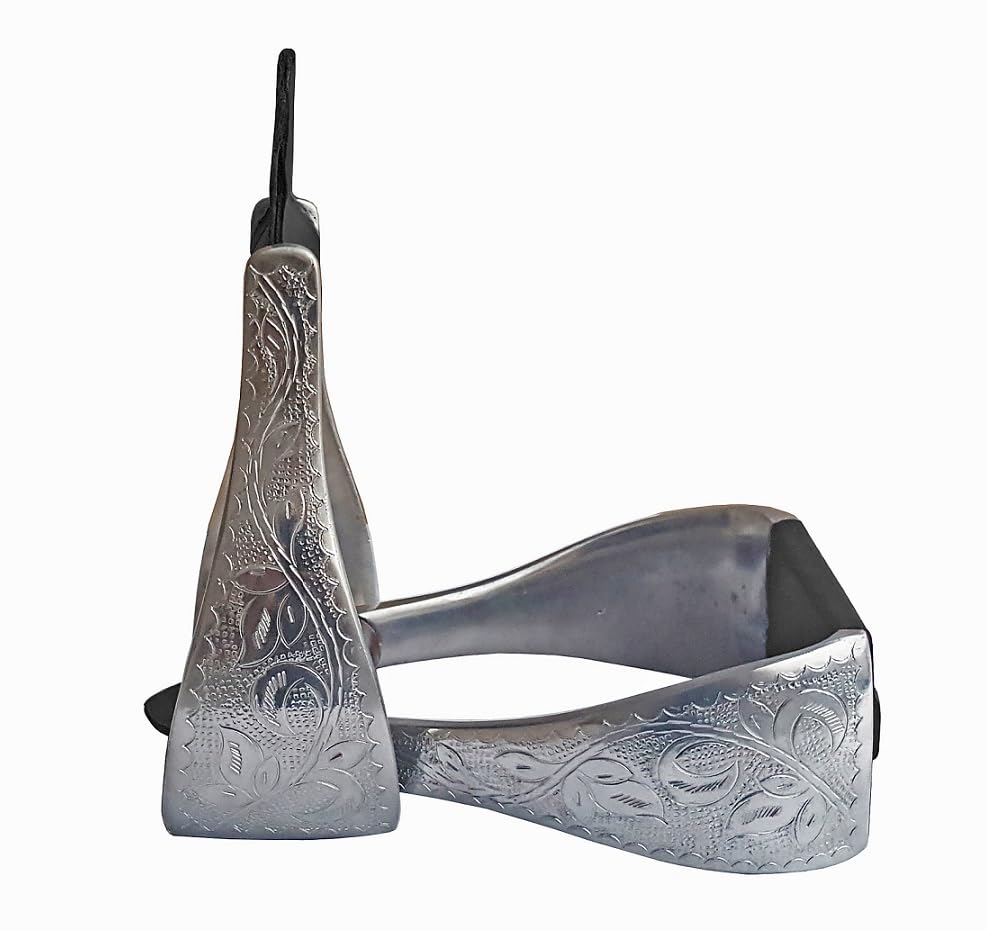 4.75" Aluminum Engraved Adult Western Horse Bell Stirrups with Original Leather - color: BLACK LEATHER