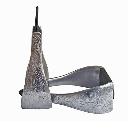 4.75" Aluminum Engraved Adult Western Horse Bell Stirrups with Original Leather - color: BLACK LEATHER