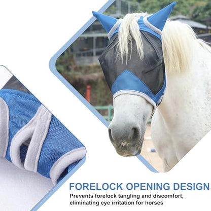 Horse Fly Mask with Ears, Full Face Equine Fly Mask UV Protection - color: Royal Blue, size: Full (Large)