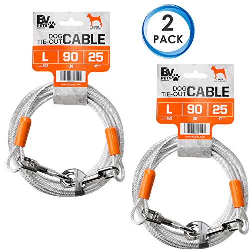 BV Dog Tie Out Cable 25 Feet - Heavy Duty Dog Lead Up to 90 Pounds - Reflective & Rust-Free with Quick Release Swivel Clips & 360° Rotating Clasp - Tangle-Free Dogs Runner for Yard (Silver, Pair) - color: 90lbs/ 25ft/ Silver, style: Pair