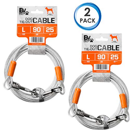 BV Dog Tie Out Cable 25 Feet - Heavy Duty Dog Lead Up to 90 Pounds - Reflective & Rust-Free with Quick Release Swivel Clips & 360° Rotating Clasp - Tangle-Free Dogs Runner for Yard (Silver, Pair) - color: 90lbs/ 25ft/ Silver, style: Pair