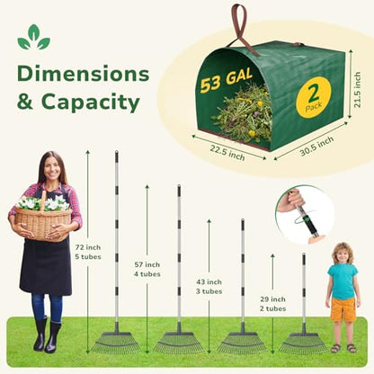 GreatBuddy Leaf Rake and Leaf Bags Combo, Adjustable Metal Garden Rake 29''-72'' 25 Tines, 2 Pack 53 Gallon Reusable Yard Waste Bags, Heavy Duty Lawn Rake with Dustpan Leaf Collector for Yard Cleanup - size: 25 tines & 53 gal 2 packs