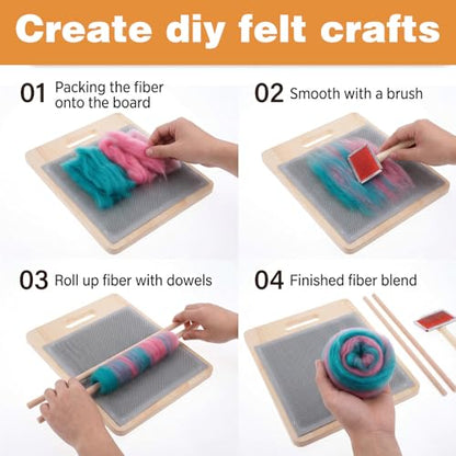1pcs Wooden Wool Blending Board Set with Wool Brush & Wools Carder | Complete Fiber Prep Kit with Board, Brush, Dowels for Rolags & Batts | Ideal for Drum Carders for Wools