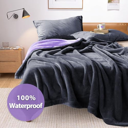 YISURE Waterproof Reversible Blanket for Bed King Size, 90"x80", Stain Proof Leakproof Bed Cover, Washable, Reusable, Protects Beds & Furniture from Spills, Stains & Splashes (Grey/Violet) | Large QueenSize Water Proof Reversible Intimacy blanket Bed Cove