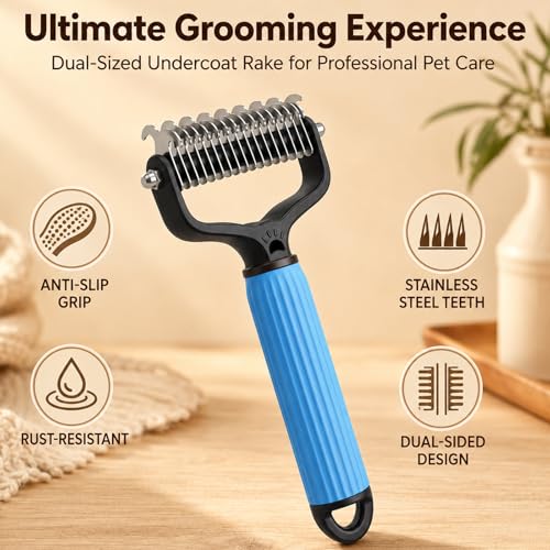 2PCS Pet Grooming Combo - Blue Deshedding Brush with Metal Comb for Detangling and Dematting Long, Matted Fur on Cats and Dogs (2PCS-A) - color: 2PCS-A