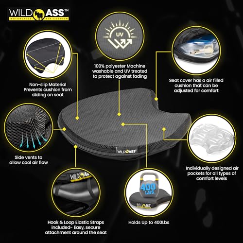 Wild Ass Saddle Lite - Motorcycle Air Gel Seat Pad, Ergonomic Air-Adjusting Cushion with Straps, Universal Fit for Ultimate Comfort & Relief, Cool Flow Motorcycle Accessory for Long Rides - Black - style: Lite