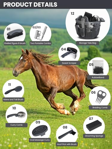 Horse Grooming Kit 12 Pieces Set – Complete Horse Brushes & Care Supplies Set with Organizer Tote Bag, Equine Coat Grooming Tools, Tack Room Equipment & Gifts for Horse Owners & Lovers