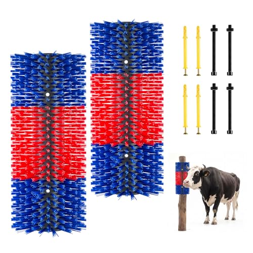 VEVOR Livestock Scratching Brush, 2PCS Goat Scratcher Brush Post with 8 Screws, 16.9" x 7.5" Cow Scratcher for Back Itch Relief, Massage Grooming Scratch Tool for Horse Cattle Sheep Pig, Blue & Red - color: Blue + Red + Black