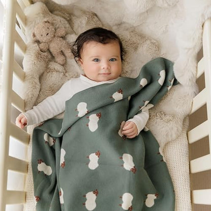 Knit Baby Swaddle Blanket - 100% Cotton Soft Cozy Receiving Swaddle Stroller Blanket for Shower Gift Registry for Newborns, Infants, Toddlers (Sheep - Pasture Green) - color: 02 - Sheep - Pasture Green