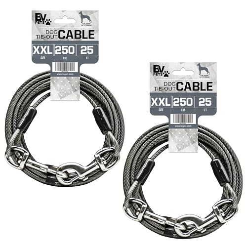 BV Dog Tie Out Cable 25 Feet - Heavy Duty Dog Lead Up to 250 Pounds - Reflective & Rust-Free with Quick Release Swivel Clips & 360° Rotating Clasp - Tangle-Free Dogs Runner for Yard (Grey, Pair) - color: 250lbs/ 25ft/ Grey, style: Pair