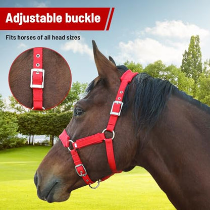Adjustable Horse Halter with Fleece Padding, Available in Black, Red, Blue - color: Red, size: Small