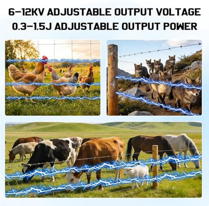 Solar Electric Fence Charger, 30 Mile 6-12KV 0.3-1.5J for Livestock
