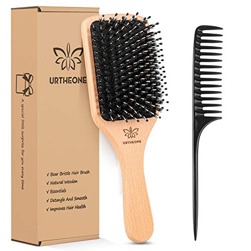 Hair Brush Boar Bristle Hairbrush for Thick Curly Thin Long Short Wet or Dry Hair Adds Shine and Makes Hair Smooth, Best Paddle Hair Brush for Men Women Kids - color: Natural Wood
