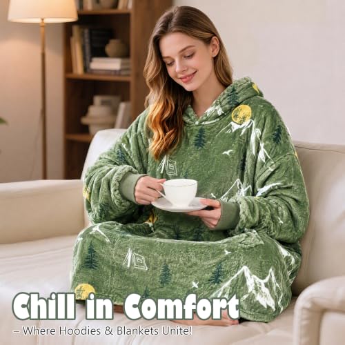 Catalonia Oversized Blanket Hoodie, Mountains Fleece Wearable Blanket - color: Camping Green