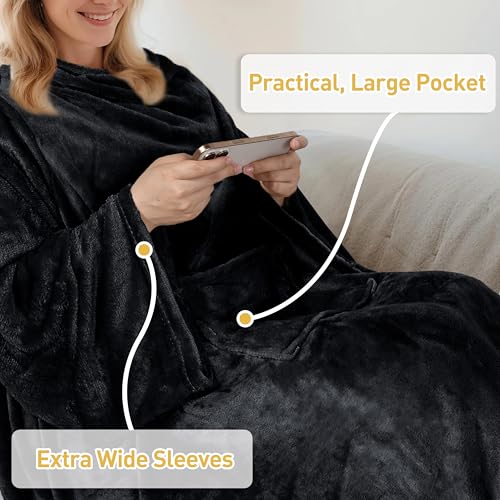 Catalonia Wearable Blanket with Sleeves for Women & Men, Fleece Wrap Throw - color: Black