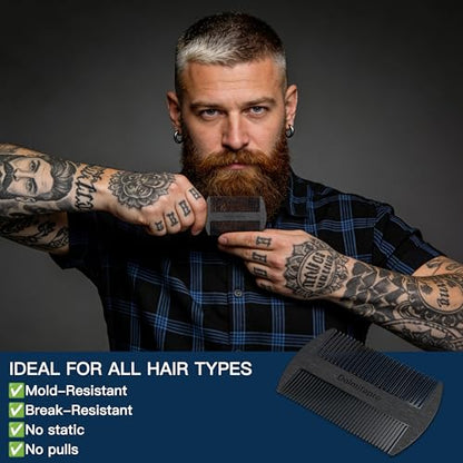 304 Stainless Steel Pocket Beard Comb for Men, Anti-Static Dual Fine Coarse Teeth Ultra-Thin Mustache Hair Grooming Comb with PU Leather Case (black) - color: black