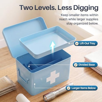 Flexzion Large Metal First Aid Box Empty, 13-Inch, Blue with White Cross - color: Blue, size: 13 Inch without Latch Lock
