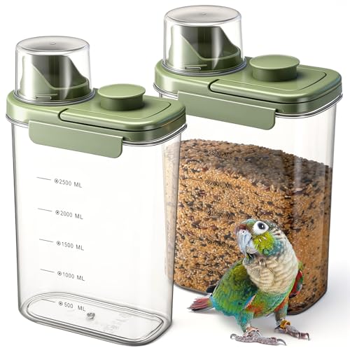 Maxdot 2 Pcs Bird Seed Storage Container 3 Qt/2.8 L with Tight Lids Airtight Cup Pet Food Storage Measuring Containers Lids with Pouring Spouts for Macaws African Grey Cockatoos (Green) - color: Green