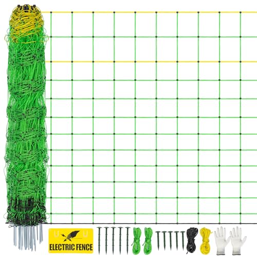 Electric Fence Netting,Livestock Neting,49.6" x 164' Portable Electric Net Fence for Goats,Sheep, Lambs,Hogs in Backyards,Farms,Ranches,Homesteads and Gardens,(14 Posts, 2 Spikes,Green) - size: 49.6" x 164'