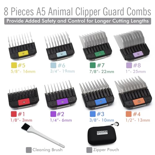 8 Pieces Professional A5 Style Animal Clipper Stainless Steel Color-Coded Snap-on Attachment Guard Guide Combs Set, 1/8"-1" Compatible with Wahl KM Series Oster A5 Andis Detachable Blade Pet Groomers