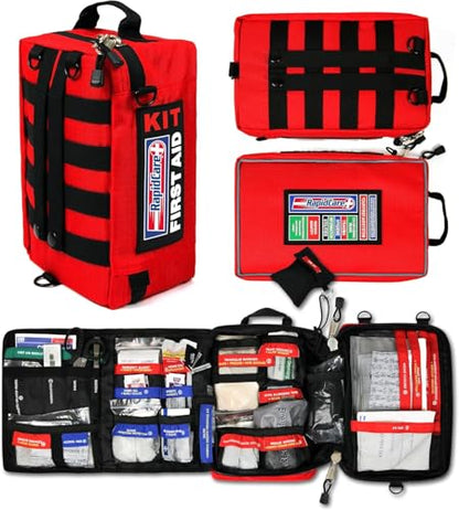 Rapid Care First Aid Kit – 300+ Piece Emergency Medical Kit with Bonus 95-Piece Travel Pack – Outdoor, Workplace, and Home Use – Color Coded & Labeled for Quick Access
