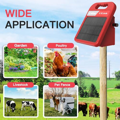 Solar Electric Fence Charger-0.18J-10 Miles, Maximum Output Voltage 9300V- Provide 24-Hour Uninterrupted Protection for Livestock and Yards with Rechargeable Solar Panel Red