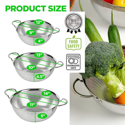 Stainless Steel Colander Set of 3, Large 4/6/8 Qt, Nesting - size: 4+6+8QT Colander