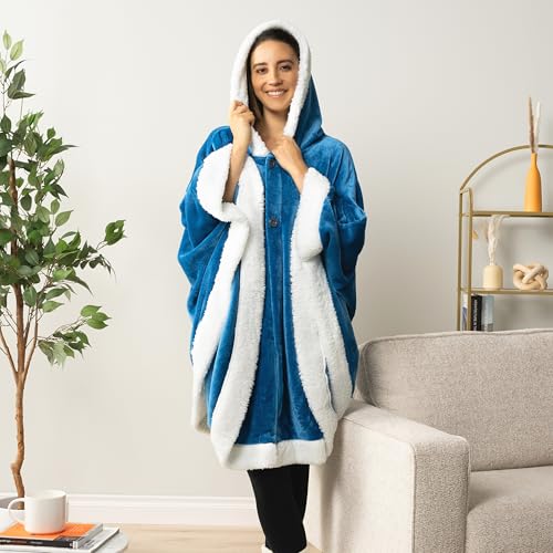 PAVILIA Hooded Blanket Poncho, Fleece Wearable Shawl Wrap Throw, Sea Blue | Fleece Shawl Wrap with Hood, Adult Wearable Blanket, Cozy Warm Poncho Cape Throw with Pockets, Gift for Elderly Mom - color: Sea Blue
