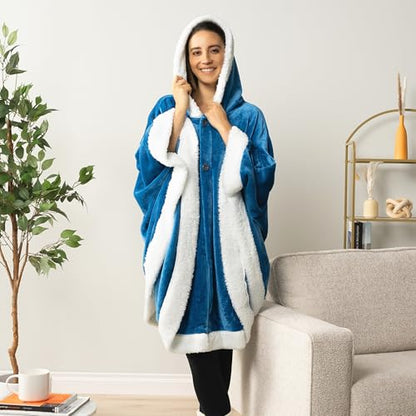 PAVILIA Hooded Blanket Poncho, Fleece Wearable Shawl Wrap Throw, Sea Blue | Fleece Shawl Wrap with Hood, Adult Wearable Blanket, Cozy Warm Poncho Cape Throw with Pockets, Gift for Elderly Mom - color: Sea Blue
