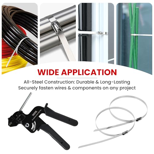 Stainless Steel Cable Tie Gun Set, Heavy Duty Metal Zip Tie Kit - color: Black