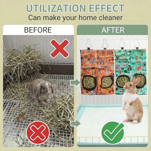 2Pcs Rabbit Hay Feeder Bag 11.8 x 9 Inch Oxford,2 Hole Guinea Pig Hay Bags Storage Dispenser for Rabbits Chinchillas Hamsters Small Pets and Animal,Leakproof Travel Food Container for Cage Outdoor